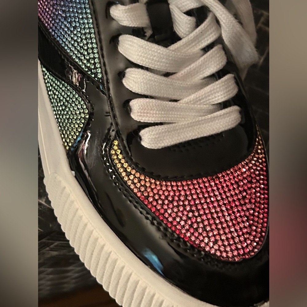 NIB Multicolor Rhinestone Black Patent Leather Platform Sneakers 7